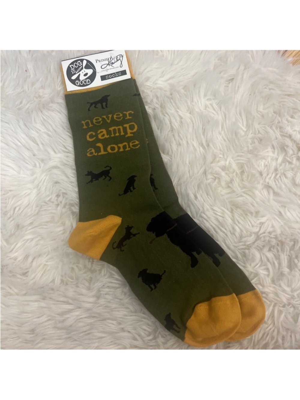 Never Camp Alone Olive & Mustard Dog-Print Crew Socks